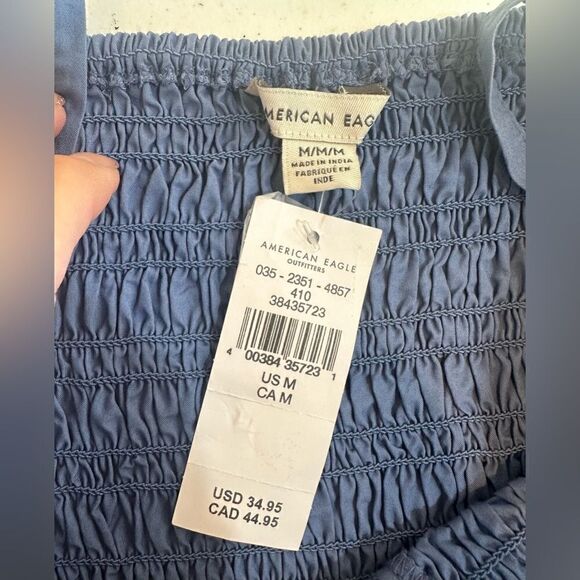 American Eagle Women Size Medium Blue Smocked Lace Up Adjustable Strap Crop Top - Picture 4 of 13